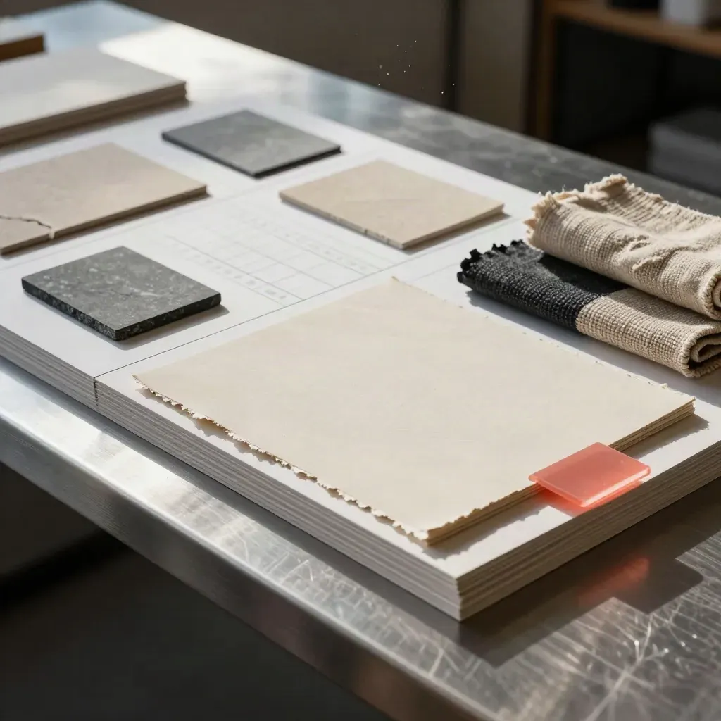 Stacked mood boards, stone swatches and fabric wraps on a pewter workbench in morning light.