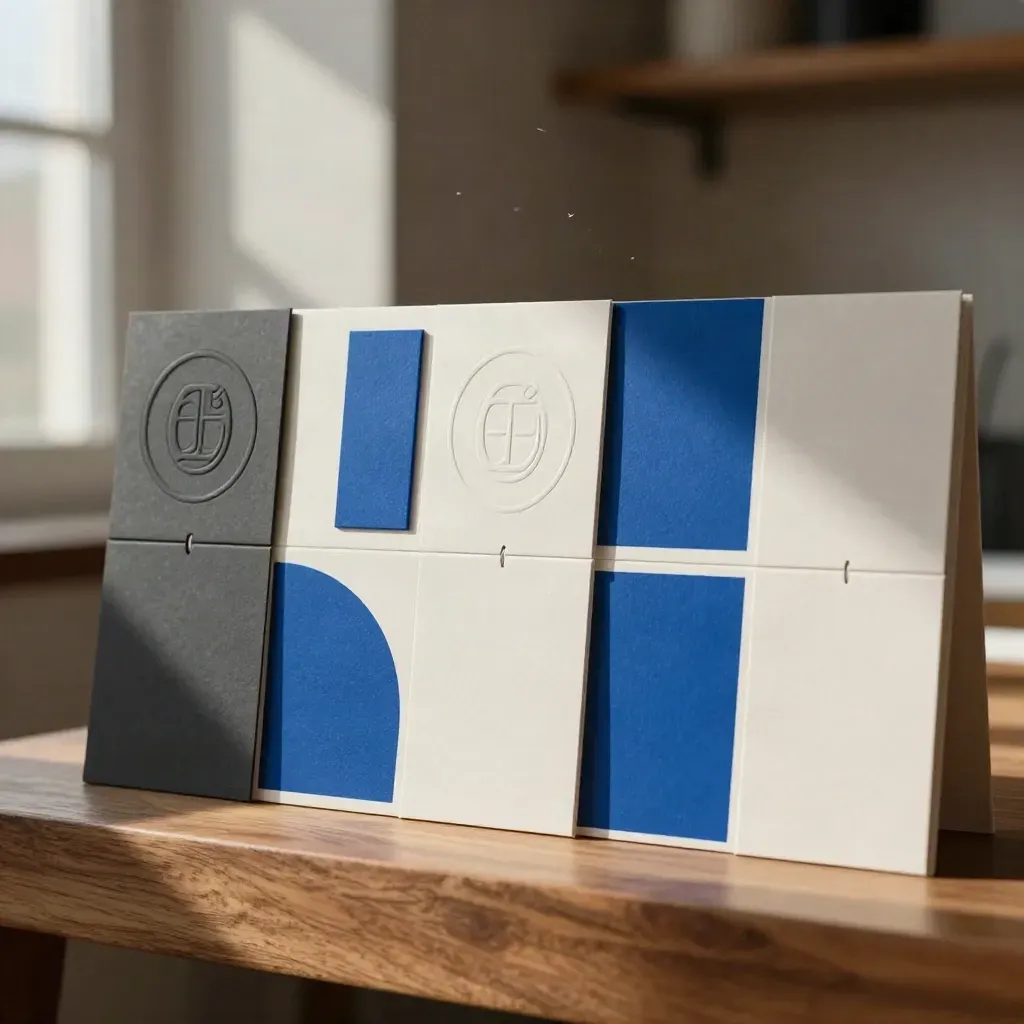 Logo design system pieces arranged in a tight charcoal and cobalt grid on a studio plinth.
