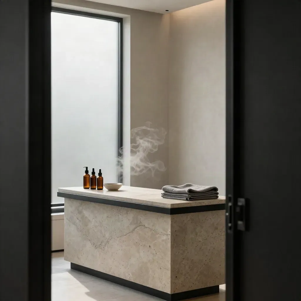 Empty skin clinic reception with stone counter, amber bottles, linen and frosted glass in soft haze