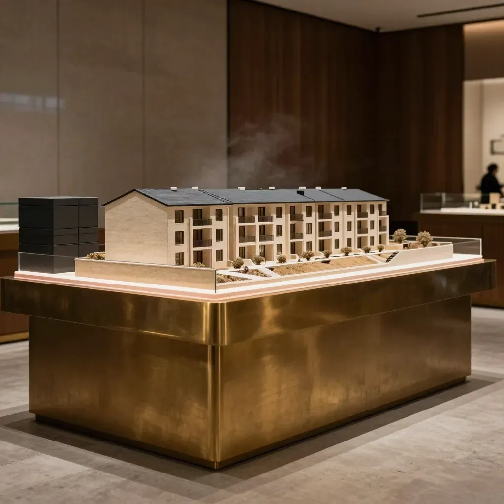 Property sales suite with model, brass plinths and charcoal presentation boxes in dramatic light.