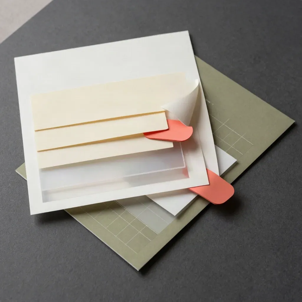 Top-down landing page mockup of paper blocks and coral CTA chips settling into place