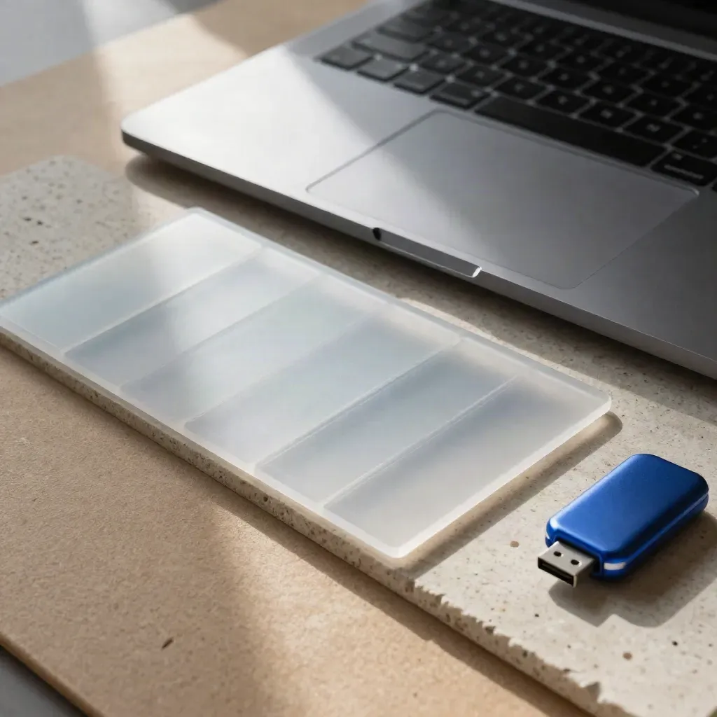Closed aluminium laptop with trackpad, frosted layout tiles and USB drive on a stone slab.