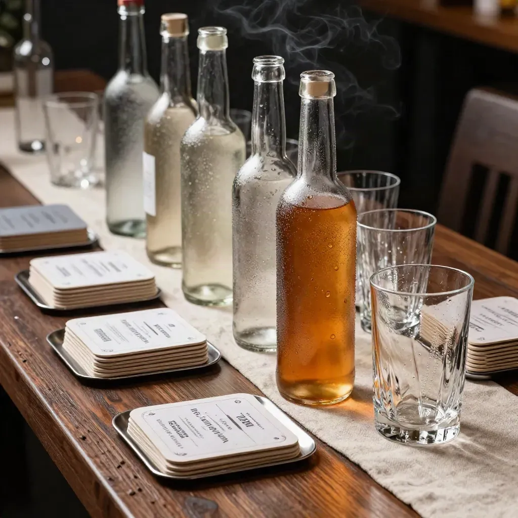 Chilled craft drink bottles, glassware, coasters, and poster stacks on a dark wood surface.