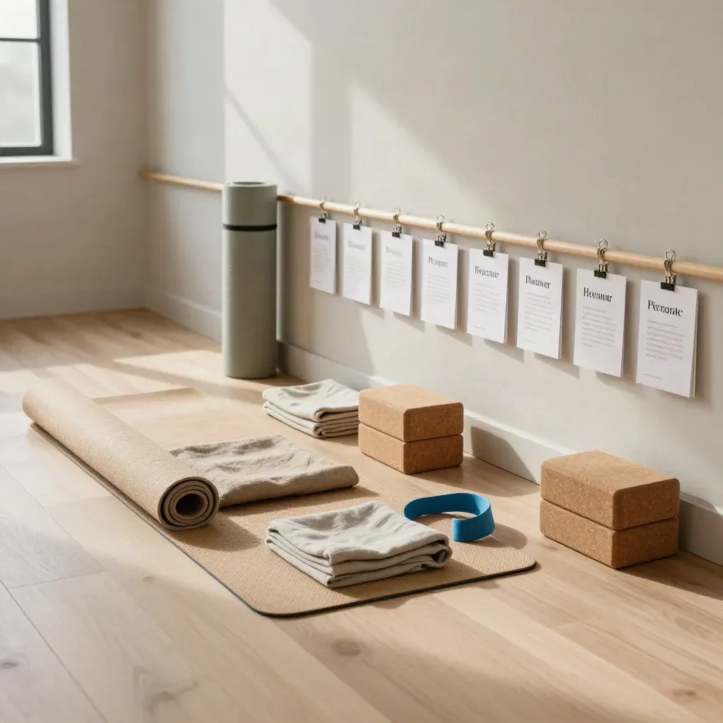 Rolled yoga mats, cork blocks and linen towels in a bright studio corner with cobalt blue accents.