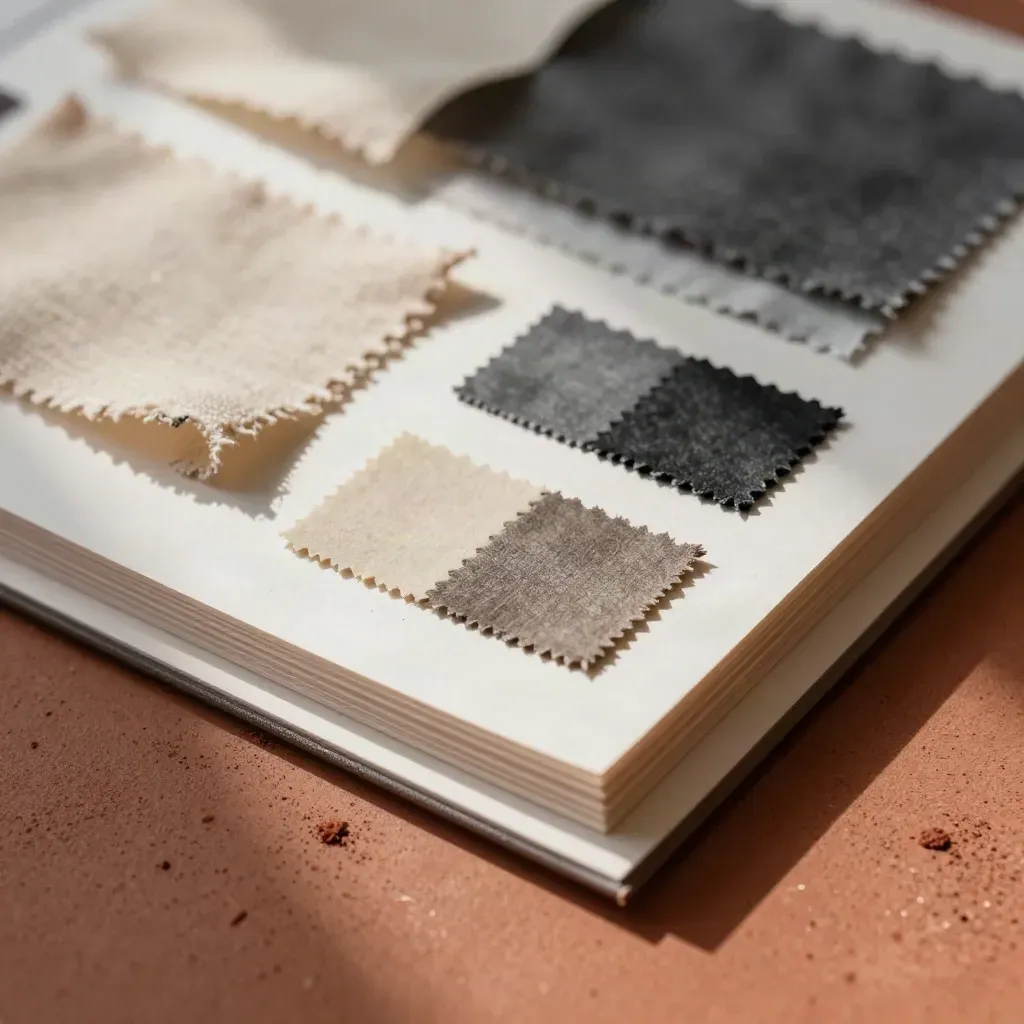 Overhead macro of proof boards, paint swatches and fabric samples on a terracotta surface.