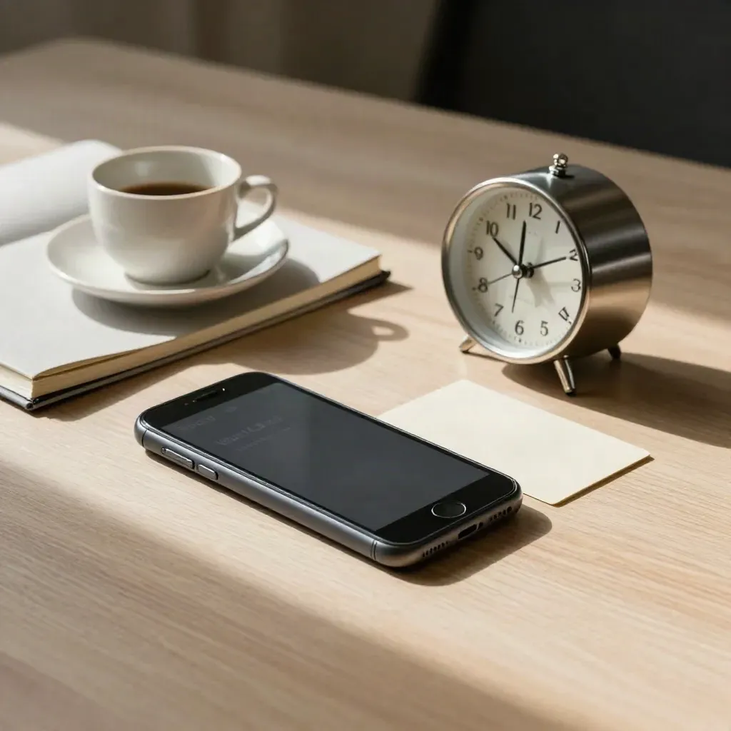 Face-down phone, notebook, cup and desk clock on pale oak in soft side light.