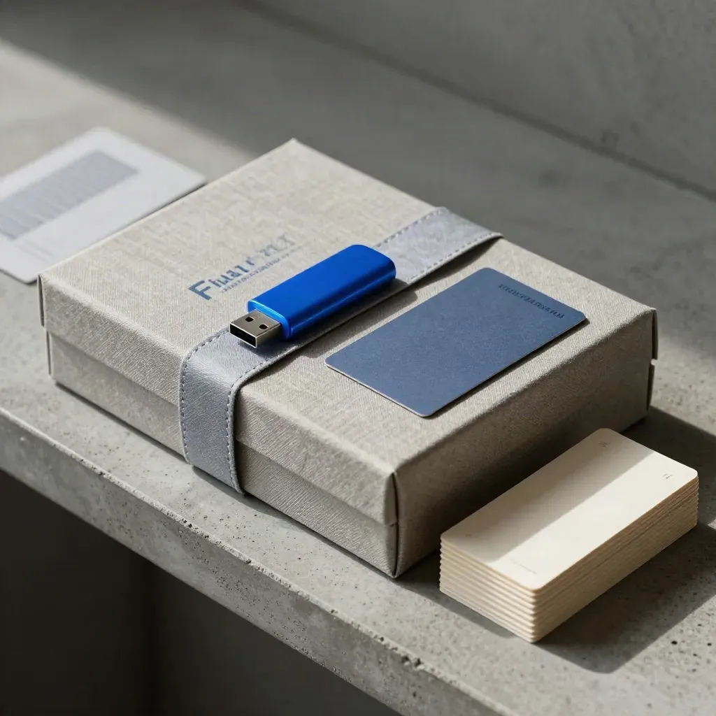 Archival box, USB drive, delivery sleeve and sample cards on concrete