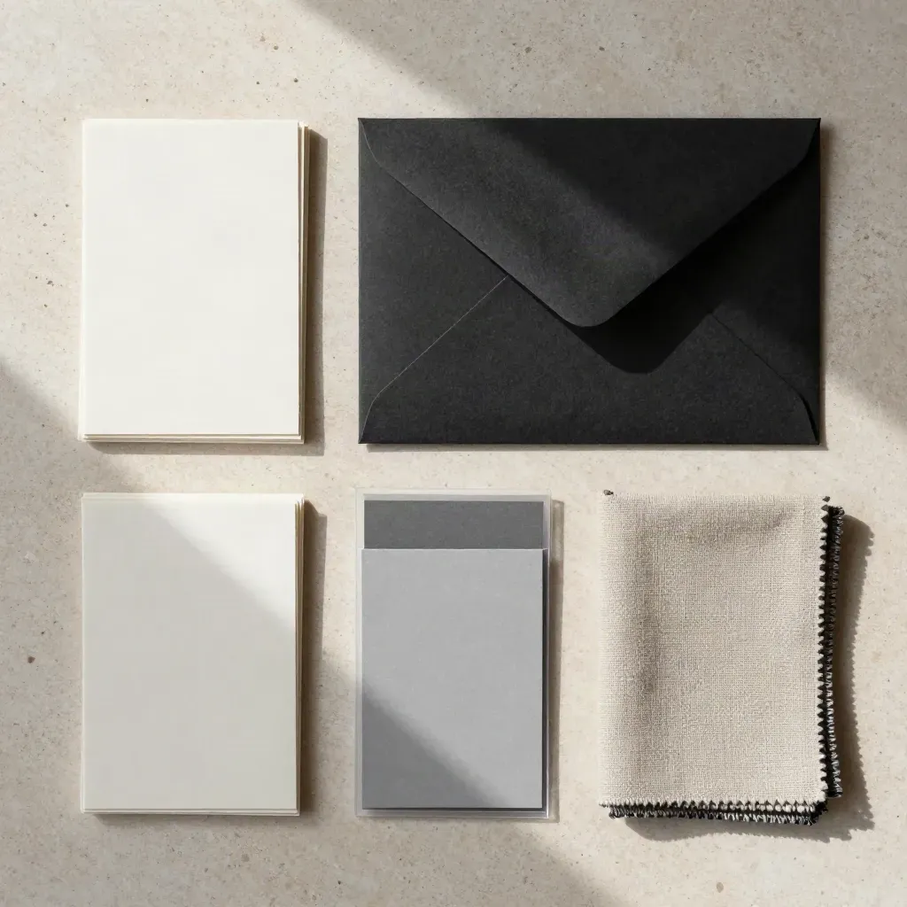 Overhead flatlay of workshop swatches, tabs and a sample envelope on pale stone.