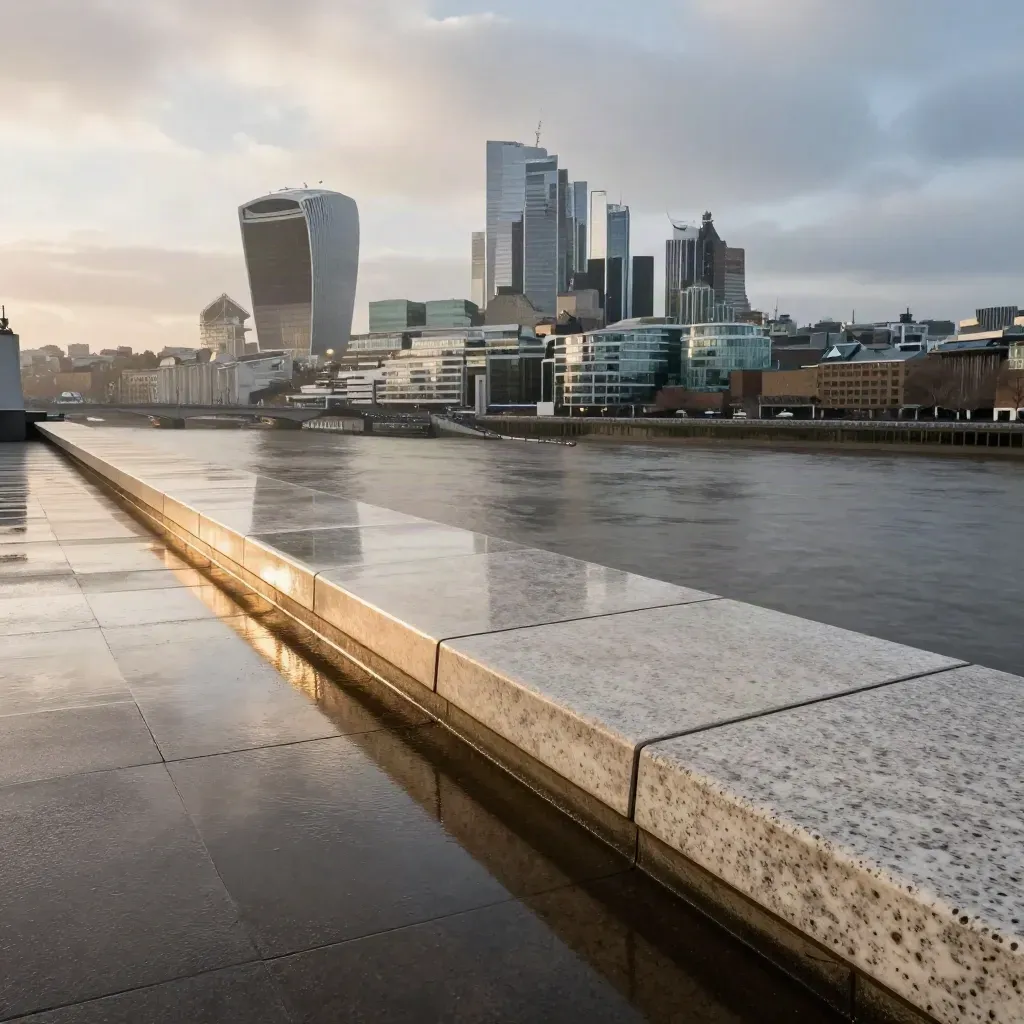 Thames skyline at golden hour from a wet rooftop edge, with mist, reflections, and calm open water.
