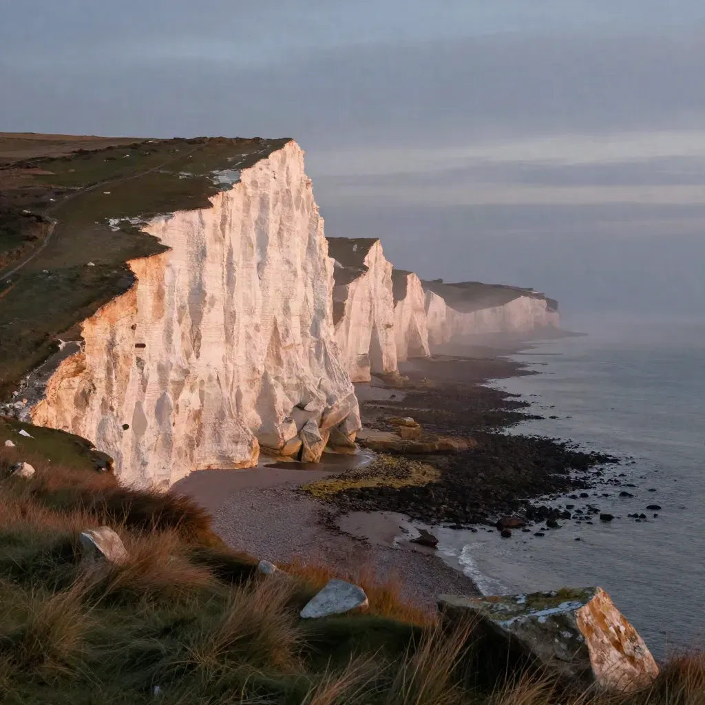 Sunlit Seven Sisters chalk cliffs above a misty open sea at sunset