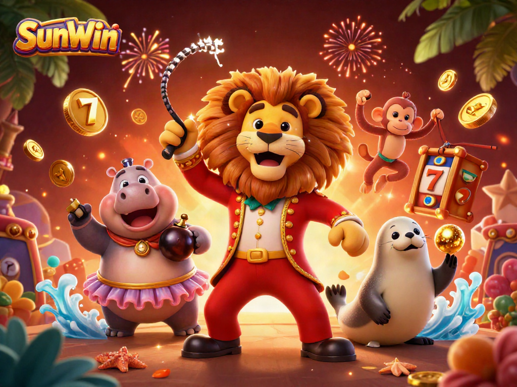 Experience the thrill of winning with SunWin's vibrant casino illustration of lively characters and gaming elements.