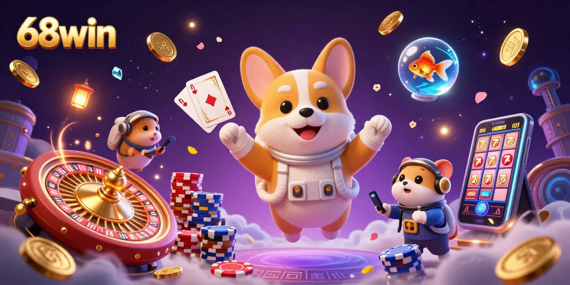 Experience thrilling action at 68win with a floating astronaut dog in a vibrant casino scene.