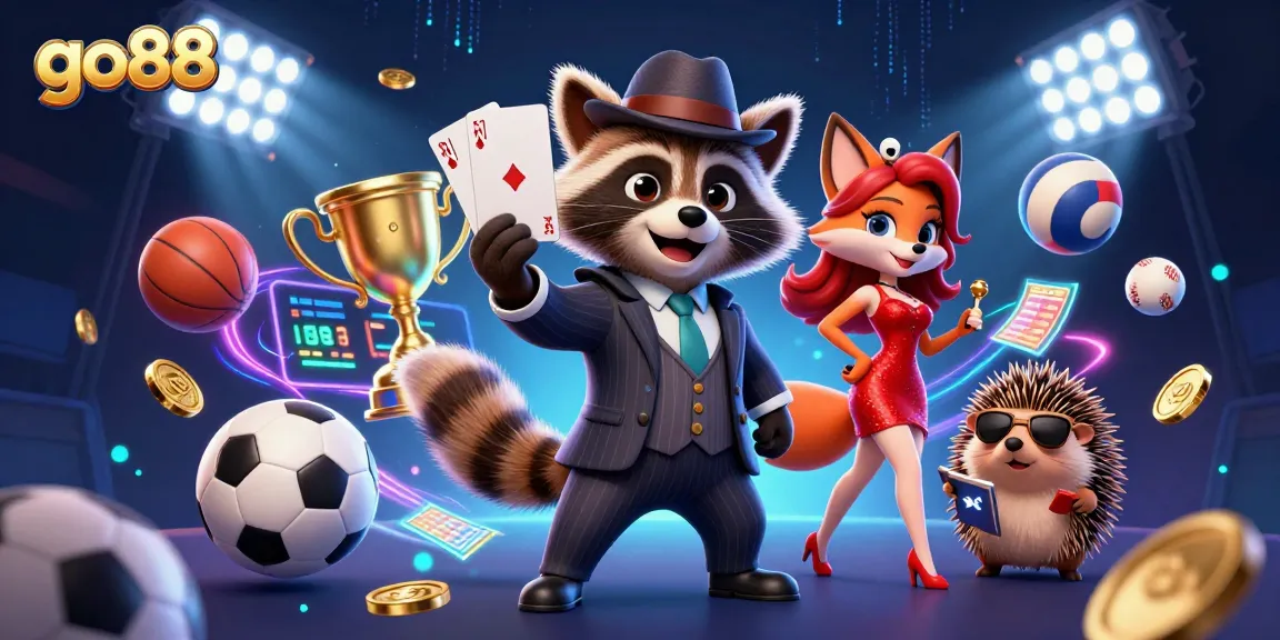 Experience go88's vibrant gaming atmosphere with raccoon, fox, and hedgehog in 3D style.