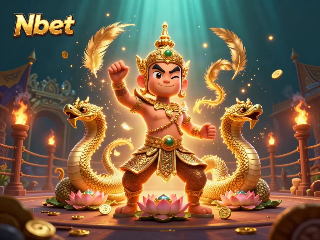Nbet features an engaging scene with Thai guardian, Naga serpents, and coins in a vibrant casino setting.