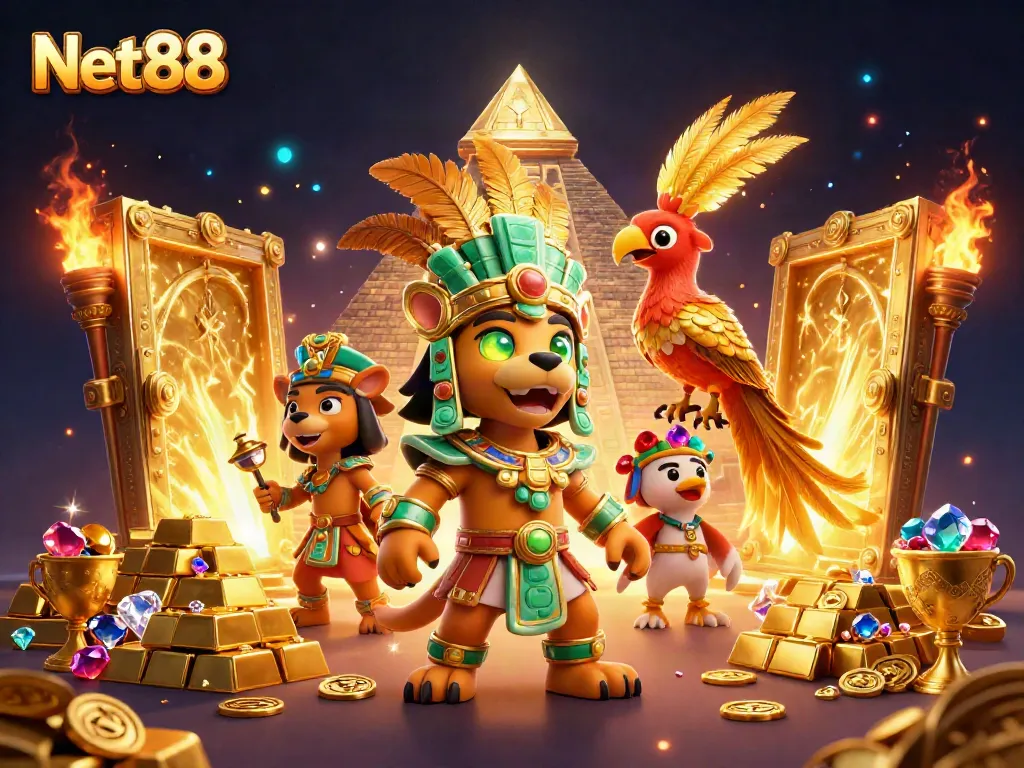 Net88 betting strategies with vibrant characters and treasures, showcasing dynamic gaming atmosphere.