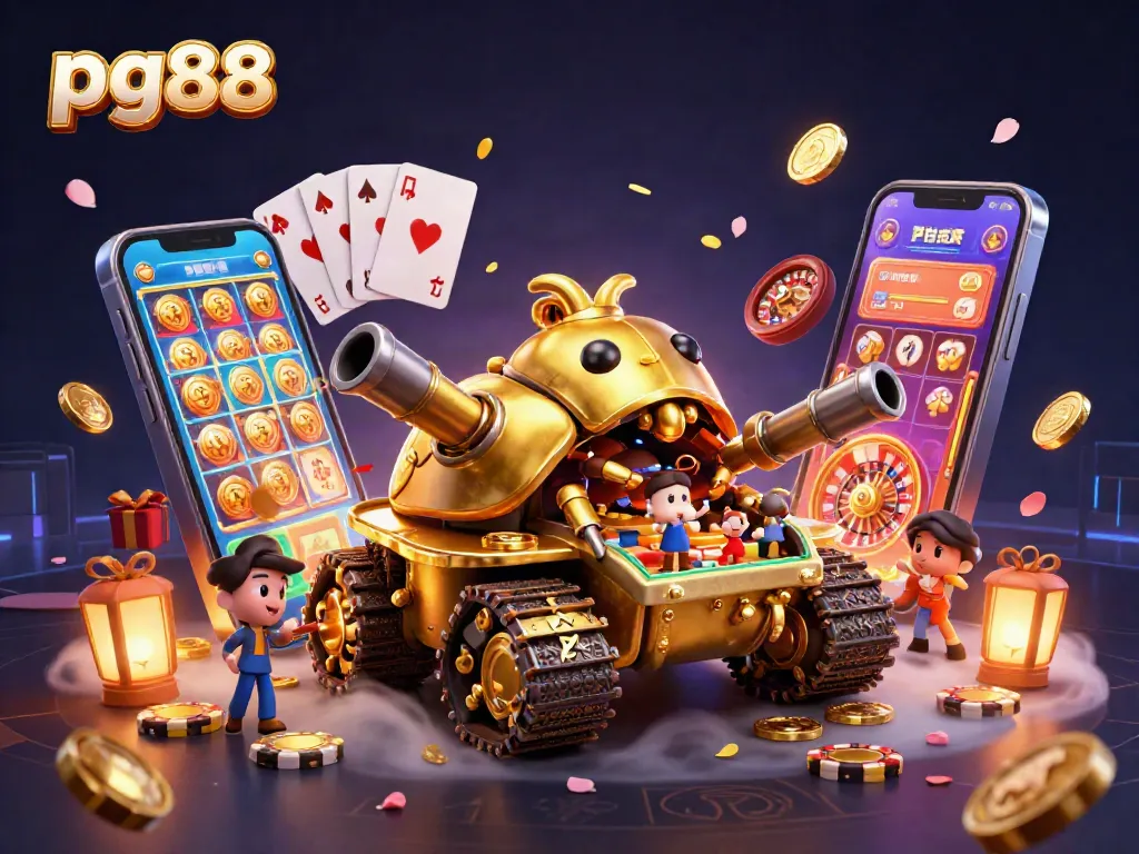 Engage in vibrant gaming excitement with pg88's dynamic casino illustration filled with golden beetle tanks and slot games.
