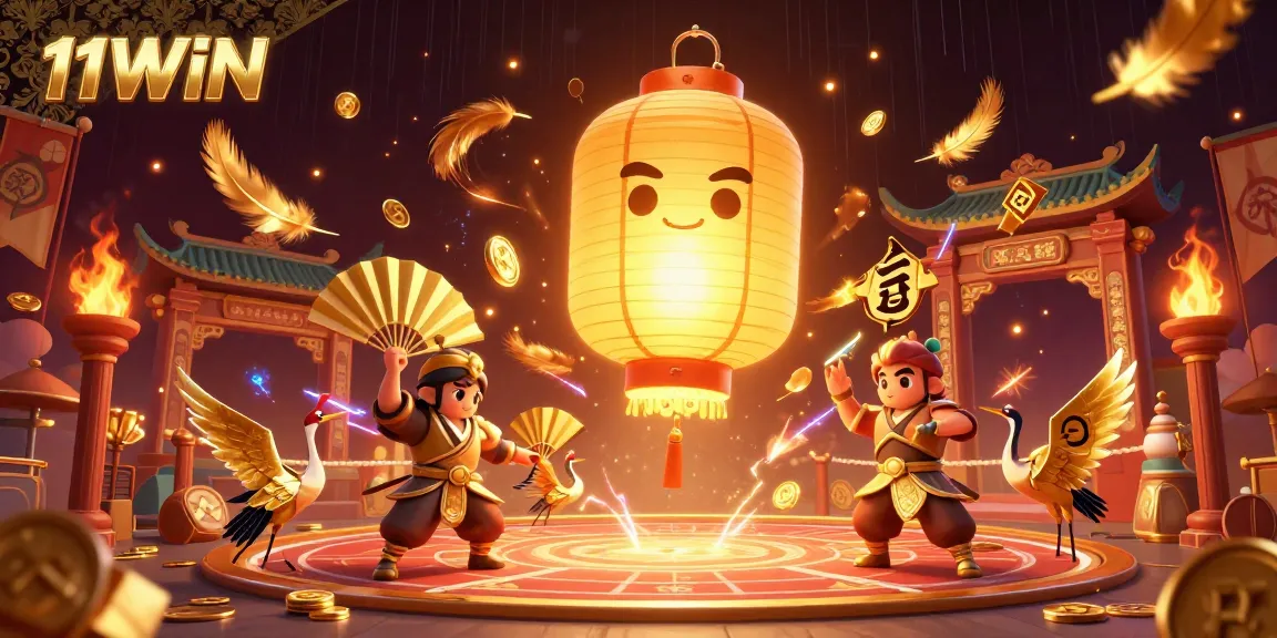 Engage with the vibrant 11WIN casino scene featuring a golden lantern spirit and dynamic gambling elements.
