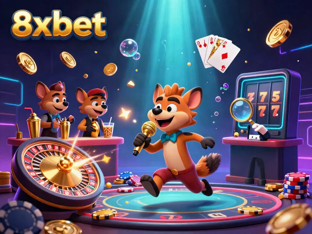 Experience the fun and excitement at 8xbet casino with hyenas enjoying games, comedy, and cocktails.