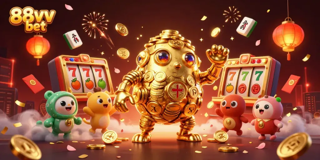 Experience excitement with the 88vv bet in an immersive 3D casino illustration featuring golden golems and vibrant game elements.