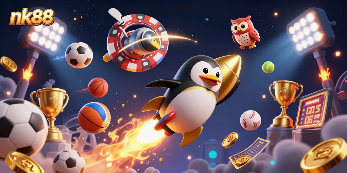 nk88 engages users with a penguin soaring to a casino in a sports betting illustration.