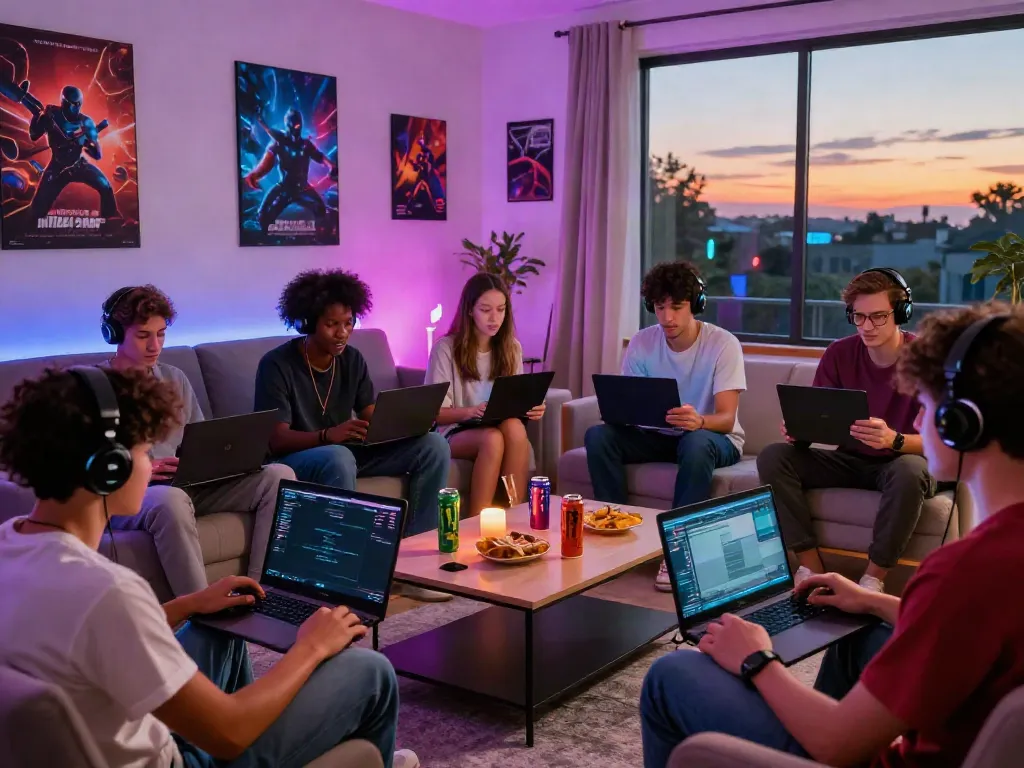 Friends enjoying an online gaming session with devices from http://11bet-app.net/ in a lively living room.