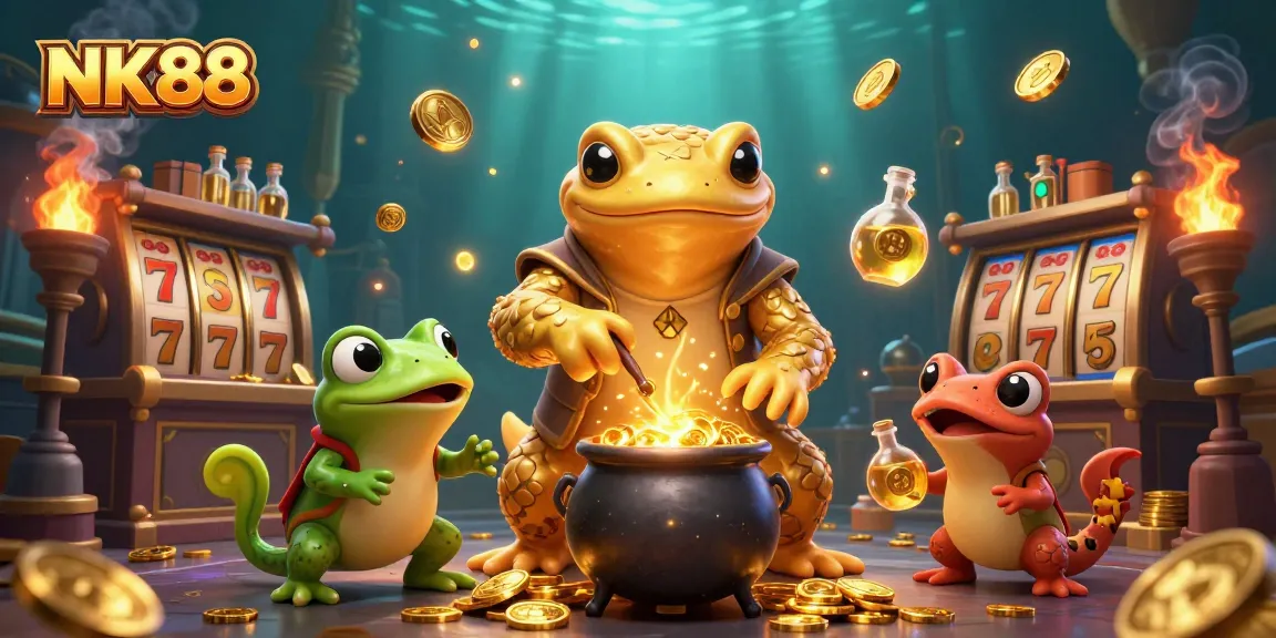 Experience NK88's captivating golden alchemist crafting jackpots and slot reels in a magical casino scene.
