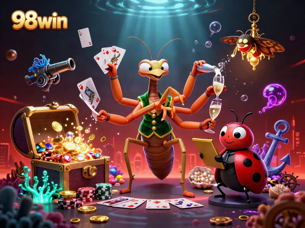 Engage with the exciting world of 98win as characters shuffle cards and celebrate in a vibrant casino scene.
