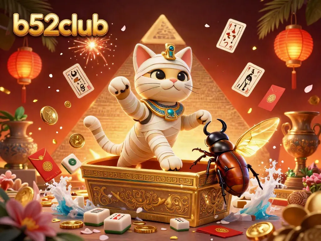 Experience thrilling gameplay with b52club in a vibrant pyramid casino featuring a mummy cat and golden scarab.