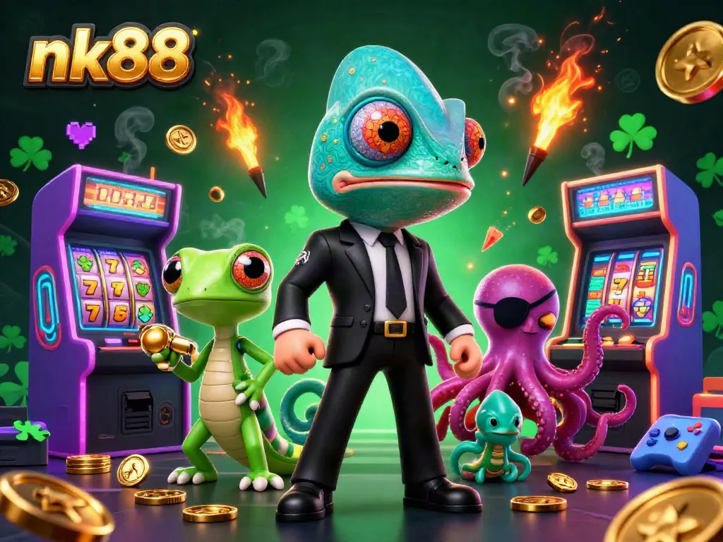 Experience thrilling casino action with nk88 and vibrant game characters in a dynamic 3D illustration.