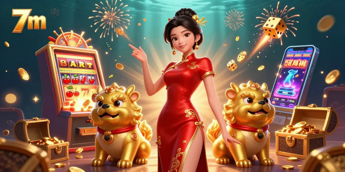 Experience the thrilling 7m casino game with vibrant slot machine action and glamorous characters.