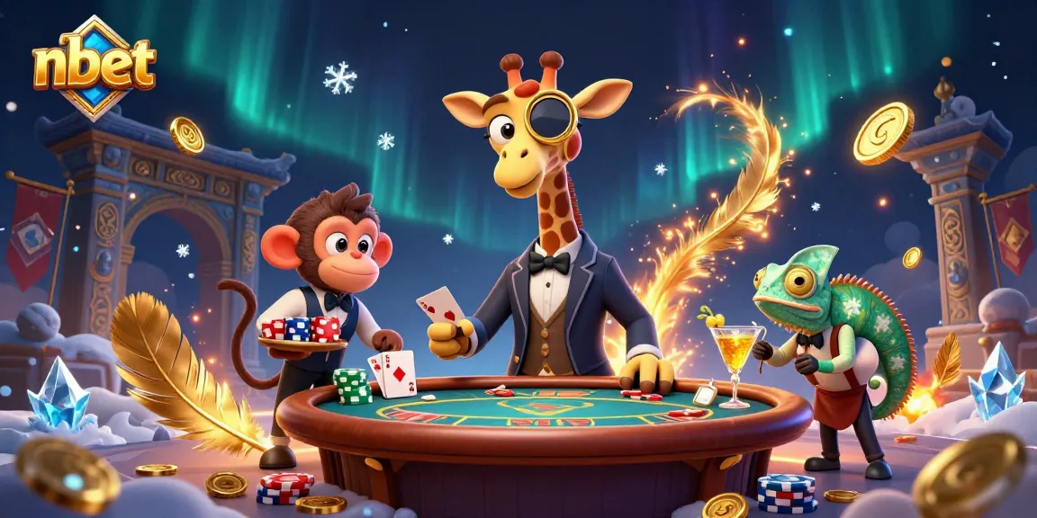 Bet on nbet with high-roller giraffe and vibrant casino scene featuring poker elements.