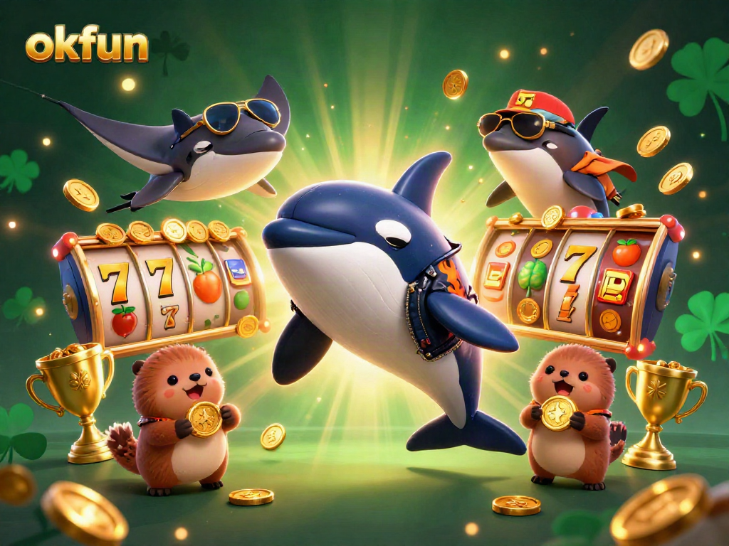 Experience the excitement of okfun casino games with orcas and otters in a vibrant 3D illustration.