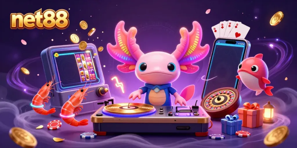 Experience net88 with neon-colored characters bringing excitement to your online casino gaming.
