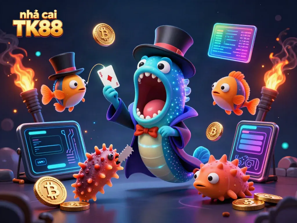 Experience the thrilling world of nhà cái TK88 through a magic act with vibrant characters and glowing crypto elements.