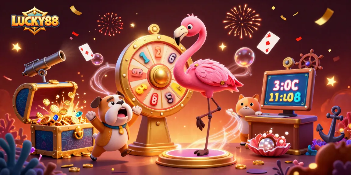 LUCKY88 showcases excitement with a flamingo host, bulldog contestant, and prize wheel in action.
