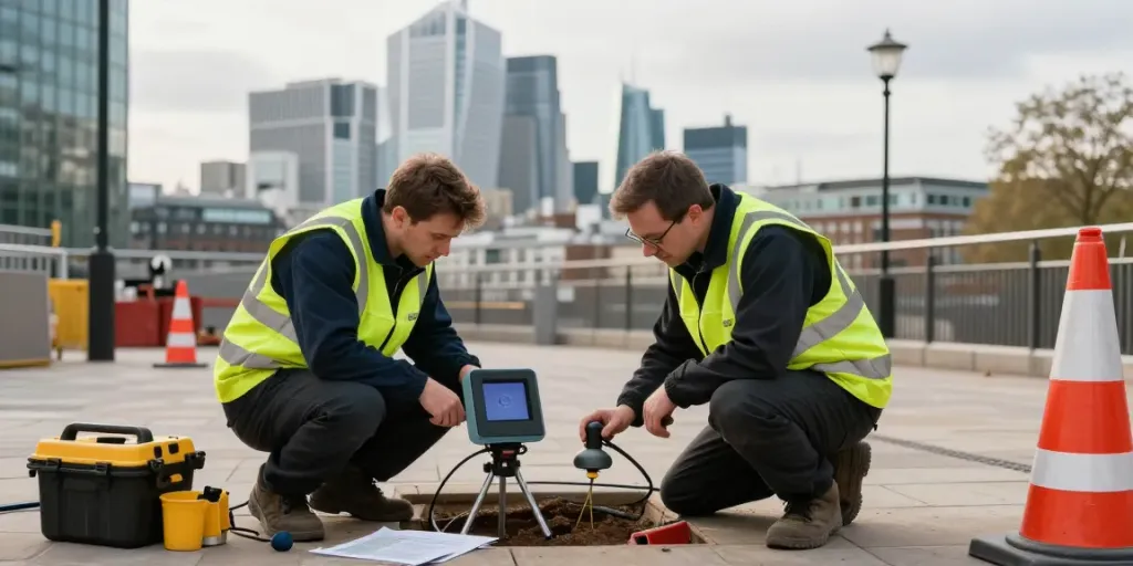 Buried Services Detection London team using ground-penetrating radar in urban setting