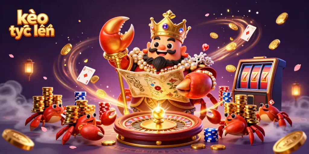 Engage in kèo trực tuyến with a vibrant scene featuring a golden crab emperor and dynamic casino elements.