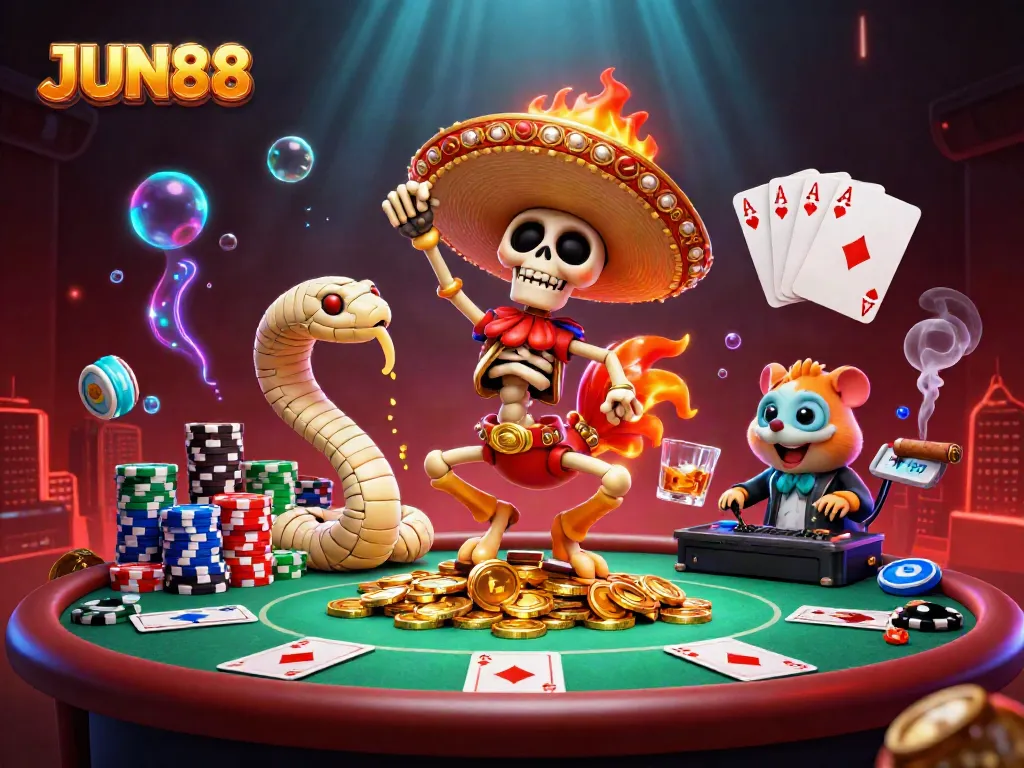 Celebrate your wins at JUN88 with a vibrant 3D casino scene filled with exciting game elements.