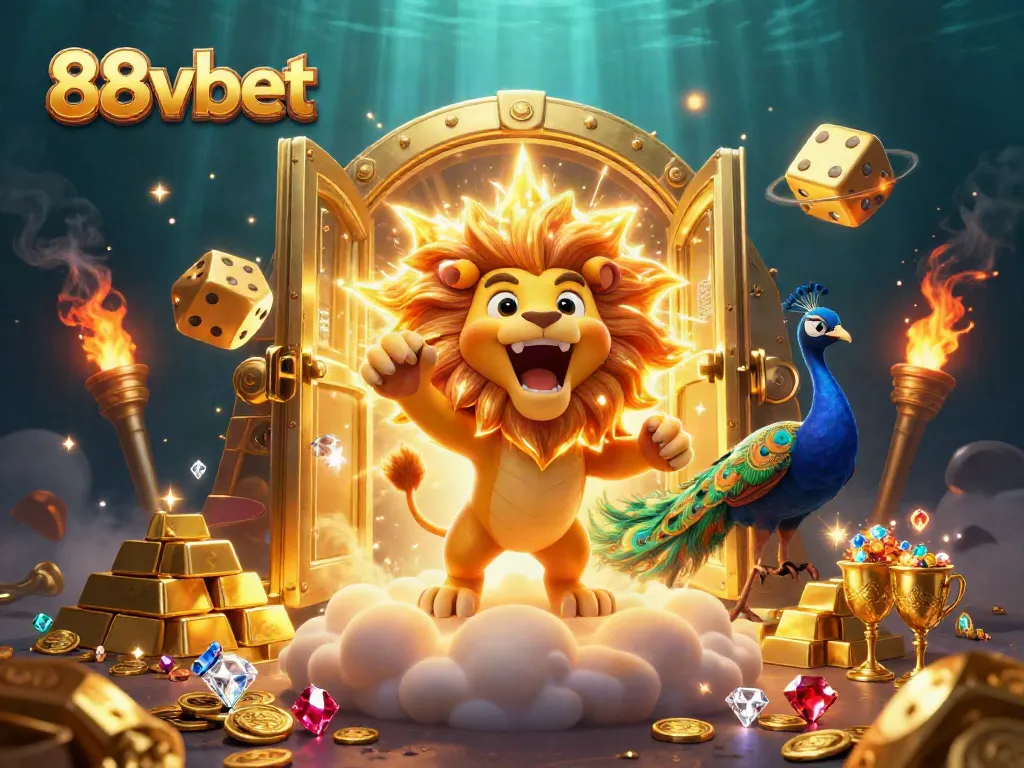 Engage with 88vbet's vibrant casino world, featuring a roaring lion and treasures galore.