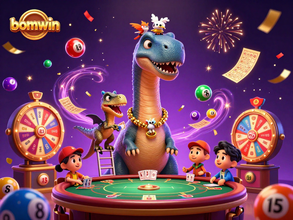 Experience excitement with bomwin in this vibrant, cartoonish casino scene filled with colorful lottery elements.