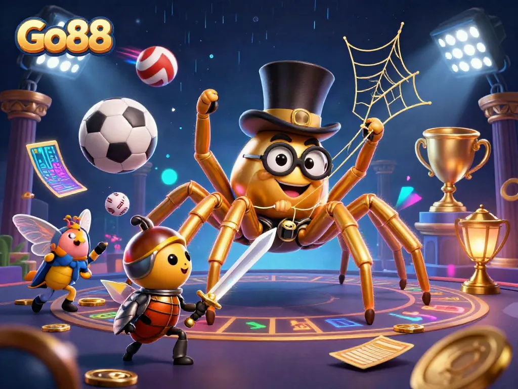 Enjoy thrilling gameplay with Go88's dynamic casino web, featuring a golden tarantula and a brave beetle knight.