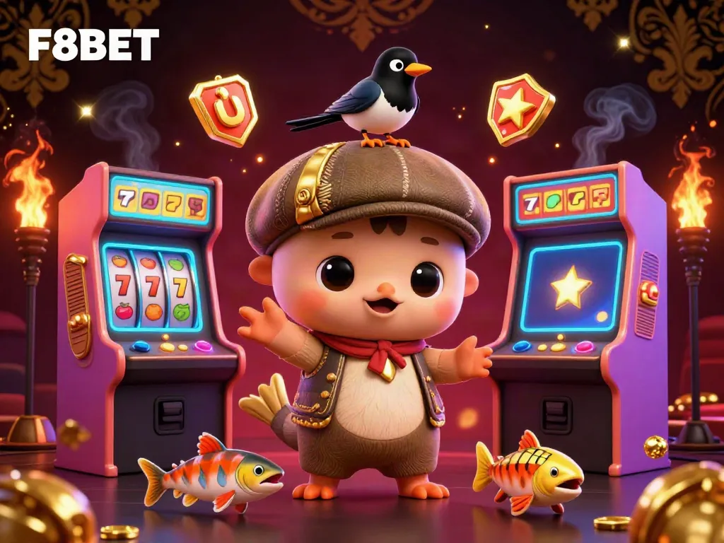 Engaging F8BET casino illustration showcasing a playful Nessie with gaming elements, emphasizing vibrant excitement.