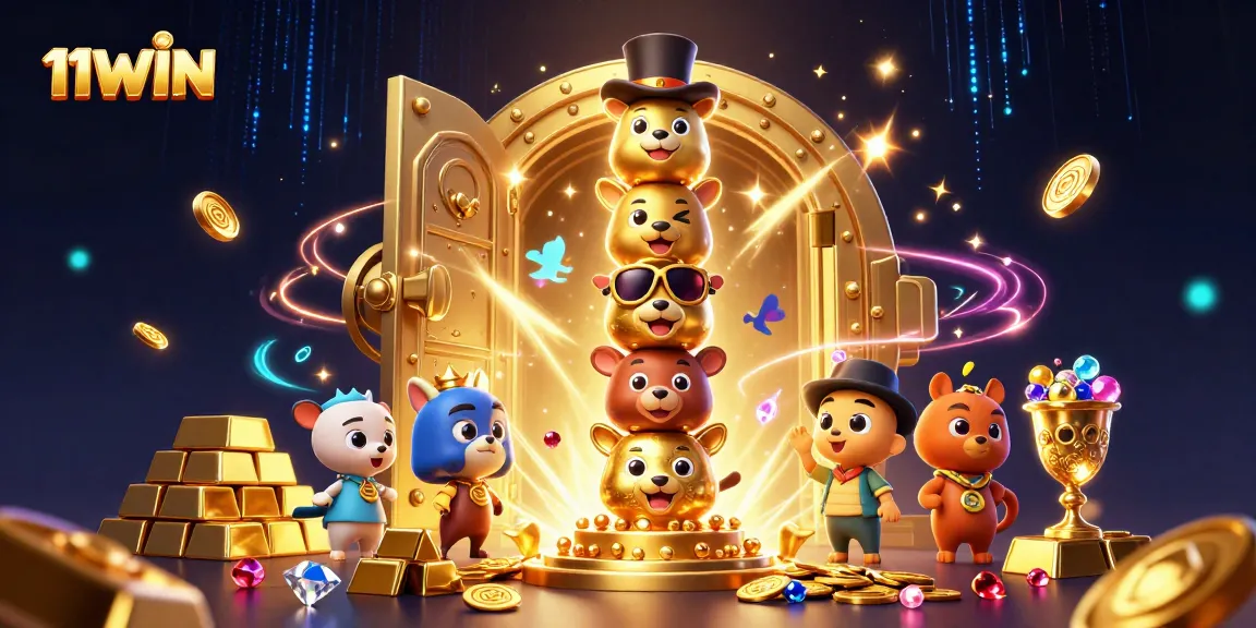Experience thrilling wins with 11WIN in a dazzling 3D casino illustration featuring gold and gems.