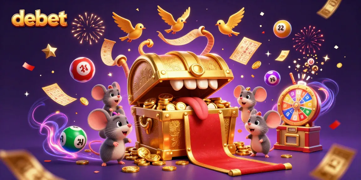 Engage in debet's thrilling adventure with a lively illustration of a treasure chest surrounded by exciting casino elements.