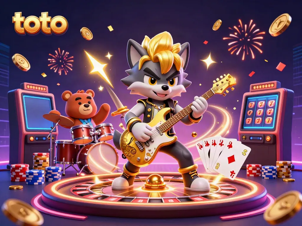 Engage with the thrilling atmosphere of toto casino with a rock star wolf playing guitar on stage.