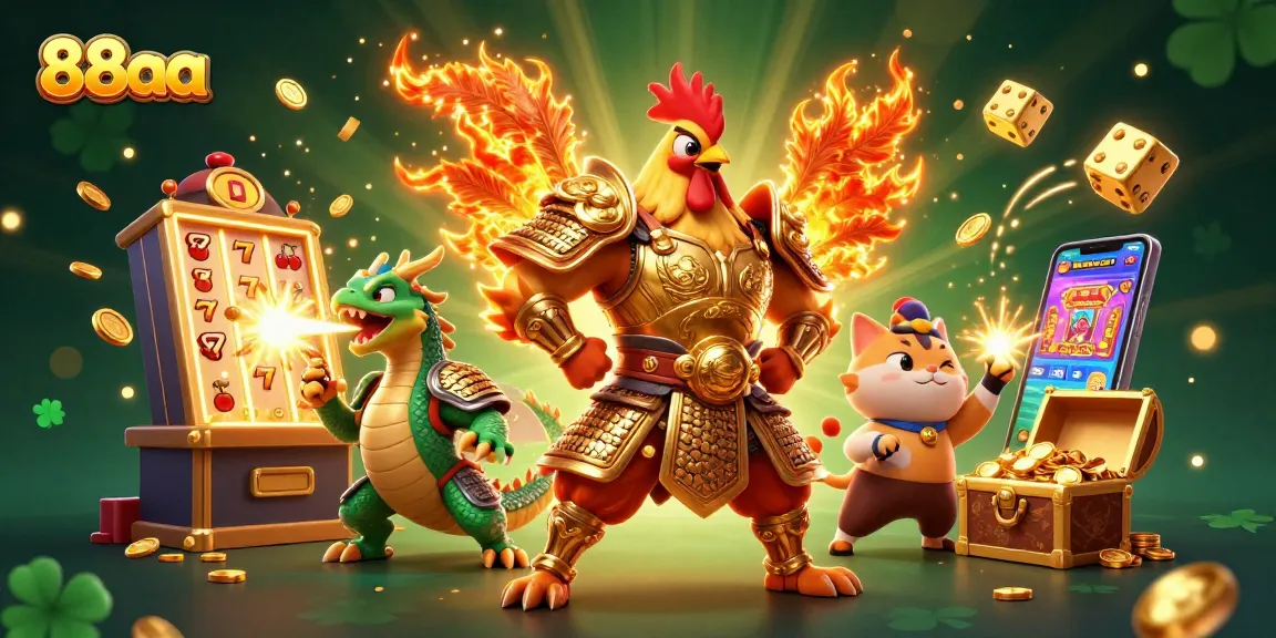 Experience the thrill with the 88aa fighting rooster warrior amidst exploding slots and golden sparks.