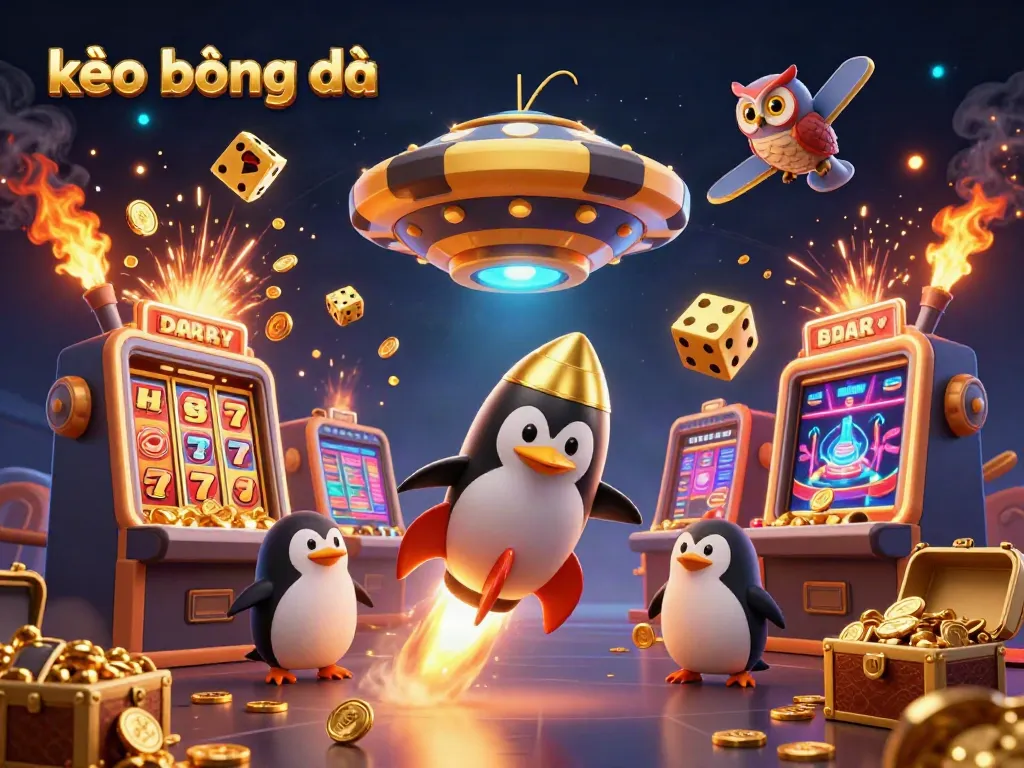 Experience thrilling kèo bóng đá with a dynamic 3D cartoon illustration showcasing a rocket-powered penguin and casino elements.