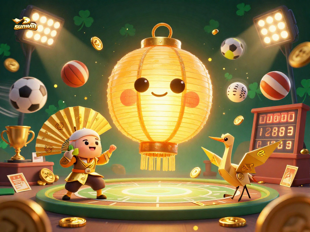 Engage with thrilling sunwin gaming as golden lantern spirit and companions float above a vibrant casino.