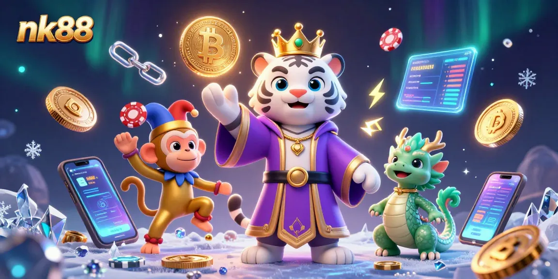 Engage with nk88's vibrant casino scene showcasing crypto elements and playful characters.