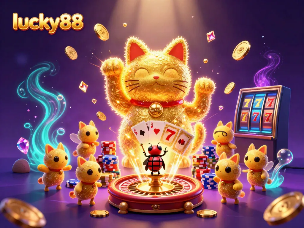 Experience lucky88's magical charm with a vibrant scene of golden fireflies forming a giant lucky cat.